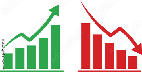 Green bar chart with upward arrow red bar chart with downward arrow finance