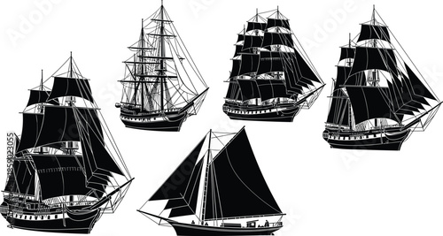 Old sailing ships silhouette set, historical maritime vessel icons with masts and sails, nautical ocean travel elements isolated on white background vector illustration