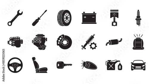 Car Parts Icons Set in Modern Minimalist Black Silhouettes on White Background for Web Design
