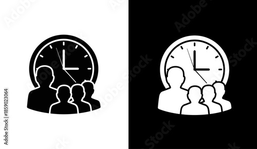 Team time management icon set. Group of people with clock symbol in black and white versions.