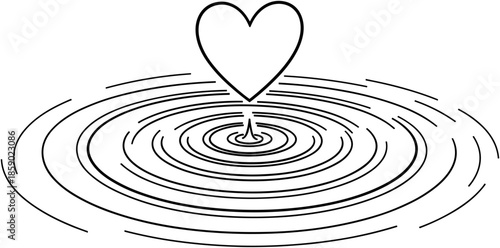 Heart shape water drop falling into ripples vector illustration, minimalist love symbol on circular liquid waves for romantic conceptual design