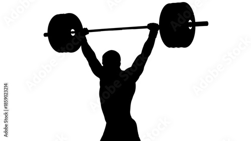 Weightlifter silhouette raising barbell. Strong athlete performing clean and jerk or snatch exercise