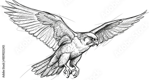 Sketch of a fierce falcon bird in flight with outstretched wings ready to strike