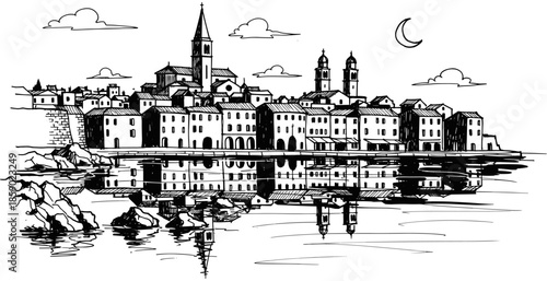 Traditional European coastal village at night with houses and church tower reflected in calm water under a crescent moon sky