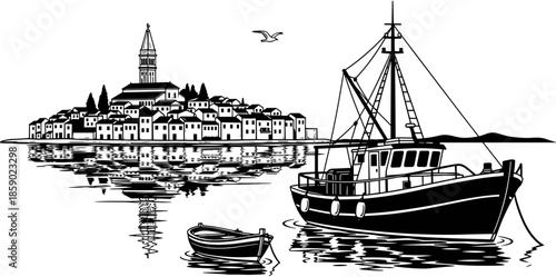 Traditional European coastal town reflected on calm water with a large fishing trawler and small rowing boats, black white illustration