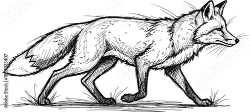 Sketch of a wild fox walking stealthily in profile view black ink drawing
