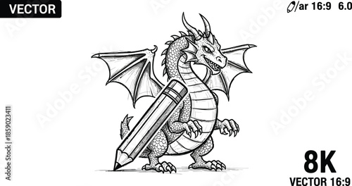 Cartoon dragon holding a large drawing pencil in a black and white sketch style