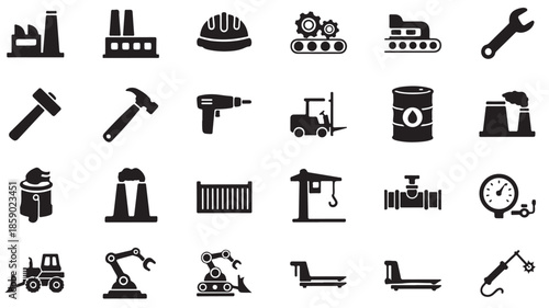 Industrial icons set in modern minimalist style with black color on white background for graphic design