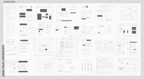 Wireframe design elements and user interface templates for websites and applications on white background
