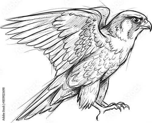 Detailed sketch of a fierce falcon with wings slightly spread on white background