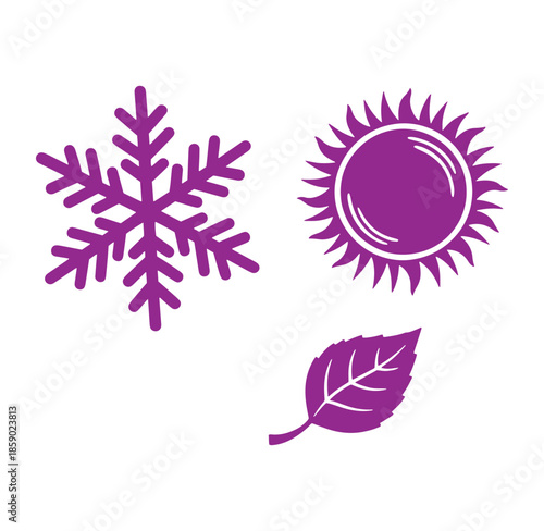 Purple icons of snowflake sun and leaf on white background