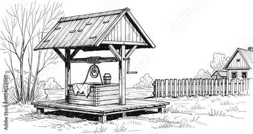 Traditional wooden water well with a hand crank and bucket in a rustic countryside landscape featuring a wooden fence and house