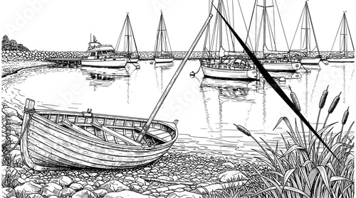 Detailed black and white sketch of a wooden rowing boat on a rocky shore with sailboats anchored in a calm harbor
