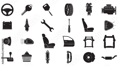 Car parts collection in black silhouette style on white background for automotive design