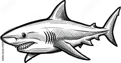 Fierce great white shark profile drawn in a detailed vintage engraving style