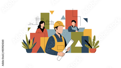 Construction worker holding blueprint with colleagues in the background vector illustration.