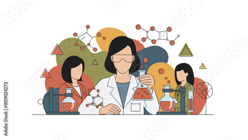 Female Scientist Conducting Chemical Experiment with Laboratory Equipment and Solutions.