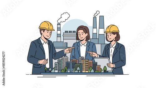 Engineers discussing a project plan with a miniature city model in front of them.