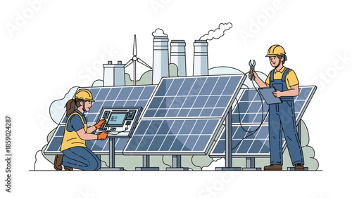 Technicians working on solar panels harnessing renewable energy for the future.