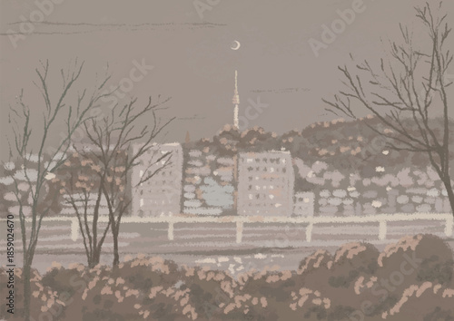 Night view Namsan tower in Seoul city oil pastel illustration art vector aesthetic view