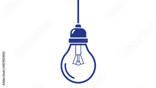 Blue line art of a hanging incandescent light bulb