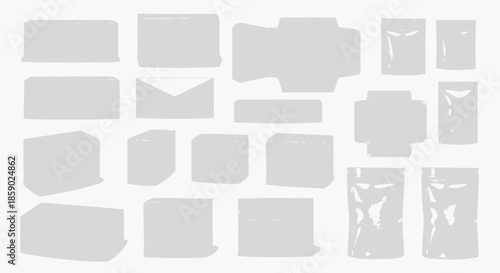 Collection of various gray package and envelope silhouettes on white background, vector graphics for packaging design and shipping supplies