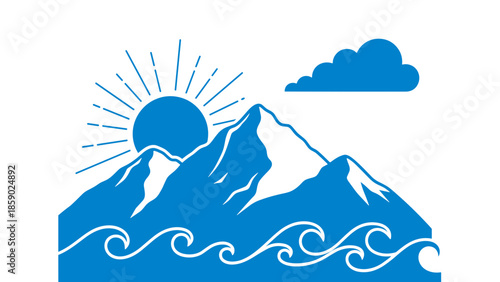 Blue Mountain Landscape with Sun and Waves