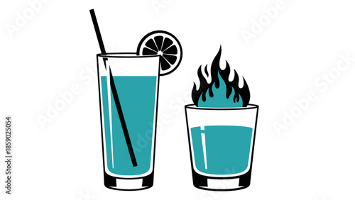 Blue Drinks with Fire and Lime Slice
