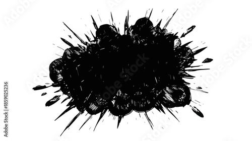 Mancha de tinta negra abstracta y salpicaduras sobre fondo blanco transparente, recurso gráfico