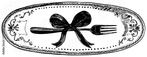 Tenedor y cuchillo cruzados con un lazo decorativo en un plato ovalado, estilo grabado.