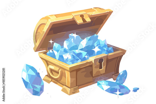 Cofre del tesoro abierto lleno de gemas de cristal azul brillante y transparente sobre fondo blanco.