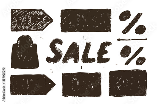 Conjunto de etiquetas de venta y símbolos de porcentaje dibujados a mano sobre fondo transparente.