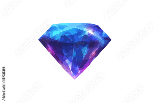 Gema de diamante azul y púrpura brillante con facetas, aislada sobre fondo blanco transparente.
