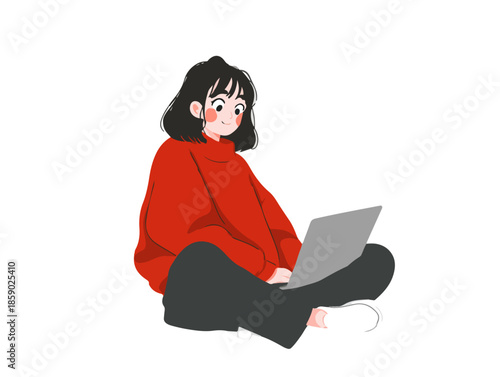 Joven sonriente con suéter rojo usando una laptop sentada con las piernas cruzadas sobre fondo blanco