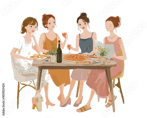 Cuatro amigas disfrutando de una cena con pizza y vino en un ambiente relajado y alegre.