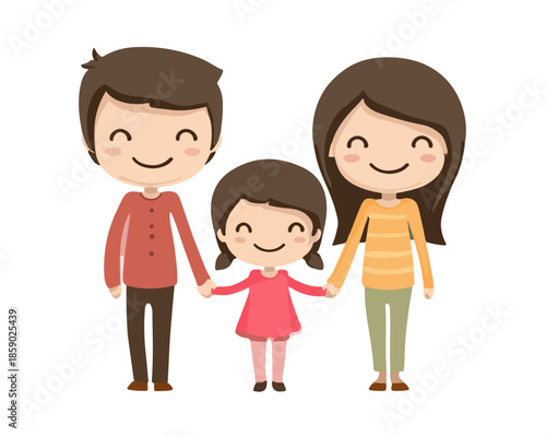 Familia feliz de tres personas, padre, madre e hija, tomados de la mano y sonriendo en un fondo blanco transparente.