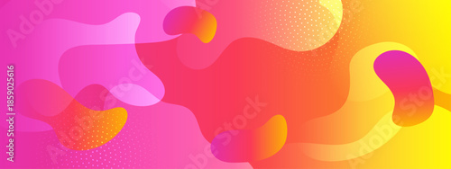 Abstract background of transitioning pink to yellow shapes, gradients, and dots. Suitable for design projects needing a vibrant and dynamic look