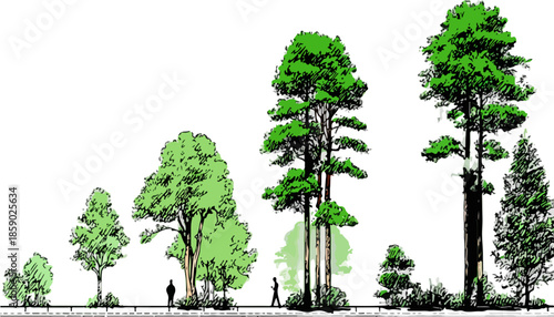 Ilustración de árboles de diferentes tamaños y especies, con escala humana para referencia visual.