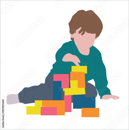 little child playing with building blocks