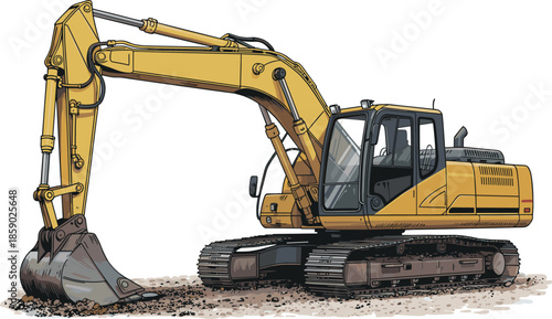 Detailed yellow excavator construction machine with bucket realistic illustration heavy equipment isolated on white background industrial design