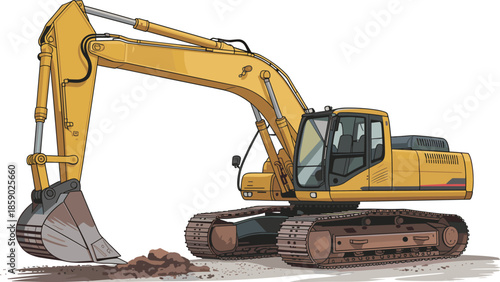 Detailed yellow excavator construction machine with bucket realistic illustration heavy equipment isolated on white background industrial design