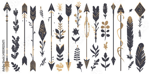 Conjunto de flechas tribales y elementos botánicos en tonos oscuros y dorados sobre fondo blanco.