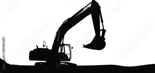 Excavator silhouette construction machinery digging ground industrial heavy equipment black shadow illustration isolated on white background