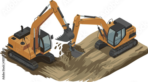 Isometric excavators working on excavation site digging soil construction machinery 3D vector illustration industrial equipment concept