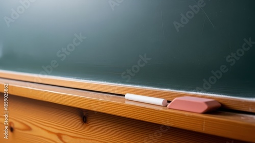 Empty classroom chalkboard with chalk and eraser on wooden ledge