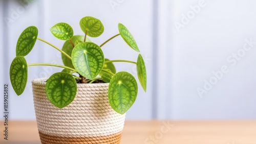 Potted Pilea plant with round green leaves in woven basket on wooden table indoors