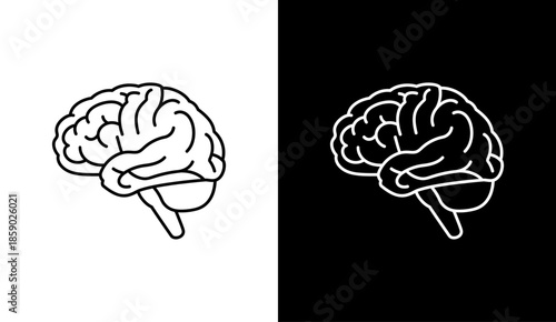 Human brain line art icon set. Intelligence, psychology, and neurology symbol isolated on white and black background.