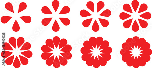  Red abstract floral and star shapes vector patterns with increasing petals on white background vector set
