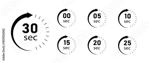 Set of black Countdown timer icons for 0, 5, 10, 15, 20, 25,30 second in circular arrow design, representing stopwatch, cooking time, time tracking, scheduling, deadline, and duration measurement