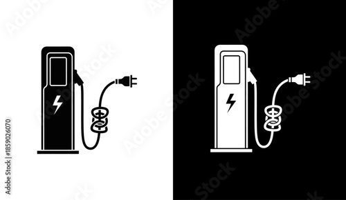 Electric vehicle charging station icon set. EV charger point with cable and plug symbol.